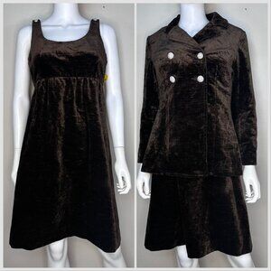 Vintage 1960s Brown Tapestry Velvet Mod Dress Suit, Junior House Boutique, Small